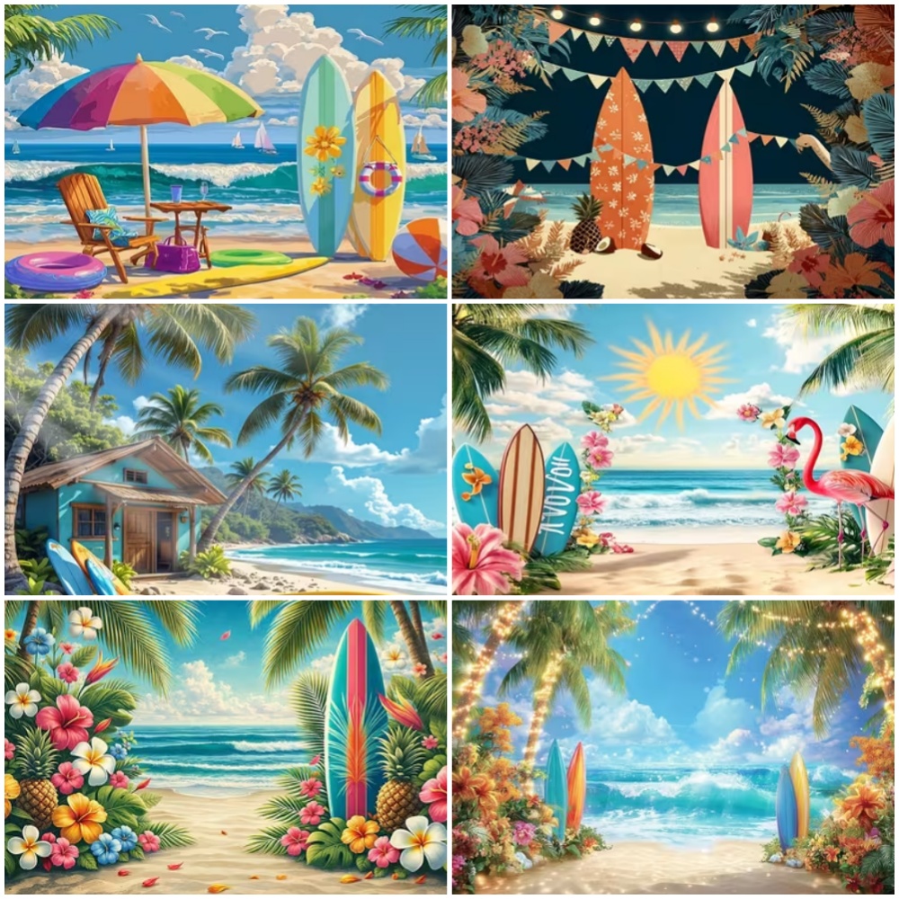 Outdoor Sport Background - ฤดูร้อน ธีมกระดานโต้คลื่น ฉากหลัง ชายหาด น้ำทะเล ต้นปาล์ม